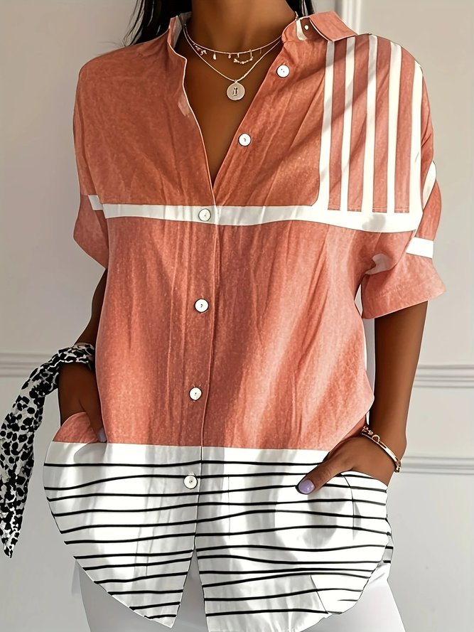 Geometric Casual Summer Micro-Elasticity Daily Regular Fit Short Sleeve H-Line Regular Shirts for Women