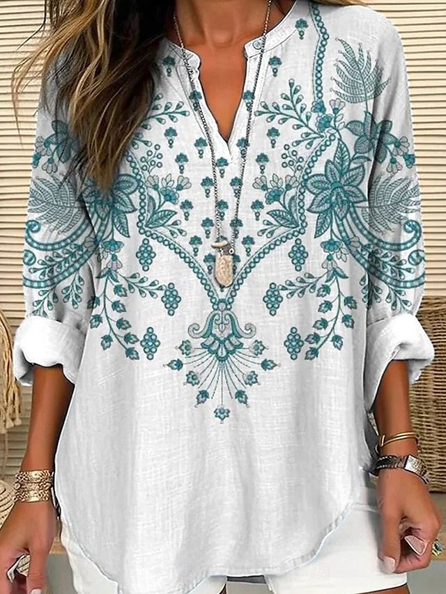 Casual Summer Nationality/ethnic Cotton No Elasticity Loose Shawl Collar Regular Regular Blouses for Women