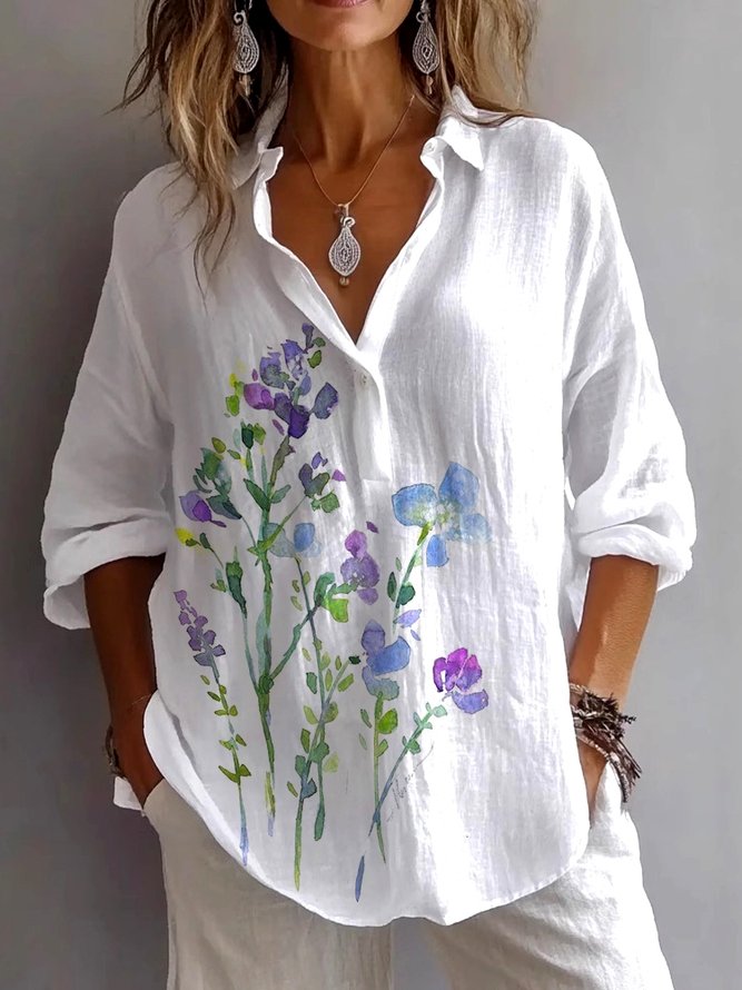Women Casual Plain Spring/Fall Linen Micro-Elasticity Regular A-Line Regular Shirt Collar Shirts