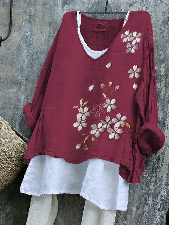 Women Casual Floral Spring/Fall Cotton V neck Micro-Elasticity Daily Loose Long Sleeve T-shirts