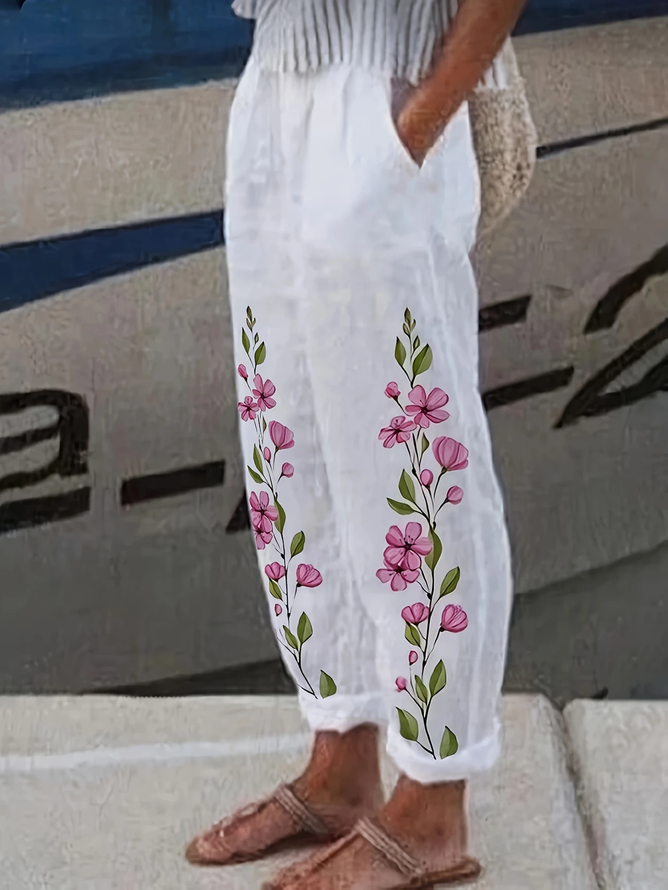 Women Casual Floral Spring/Fall Natural No Elasticity Daily Loose Long Regular Pants