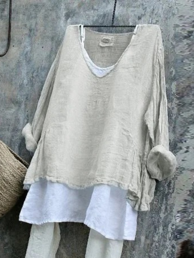 Women Linen Plain Spring/Fall V neck Micro-Elasticity Daily Loose Regular A-Line T-shirts