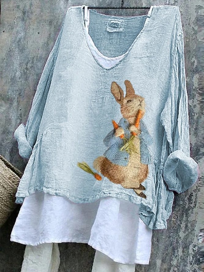 Women Casual Spring/Fall Easter (rabbit) Cotton Micro-Elasticity Daily Loose Long Sleeve A-Line T-shirts