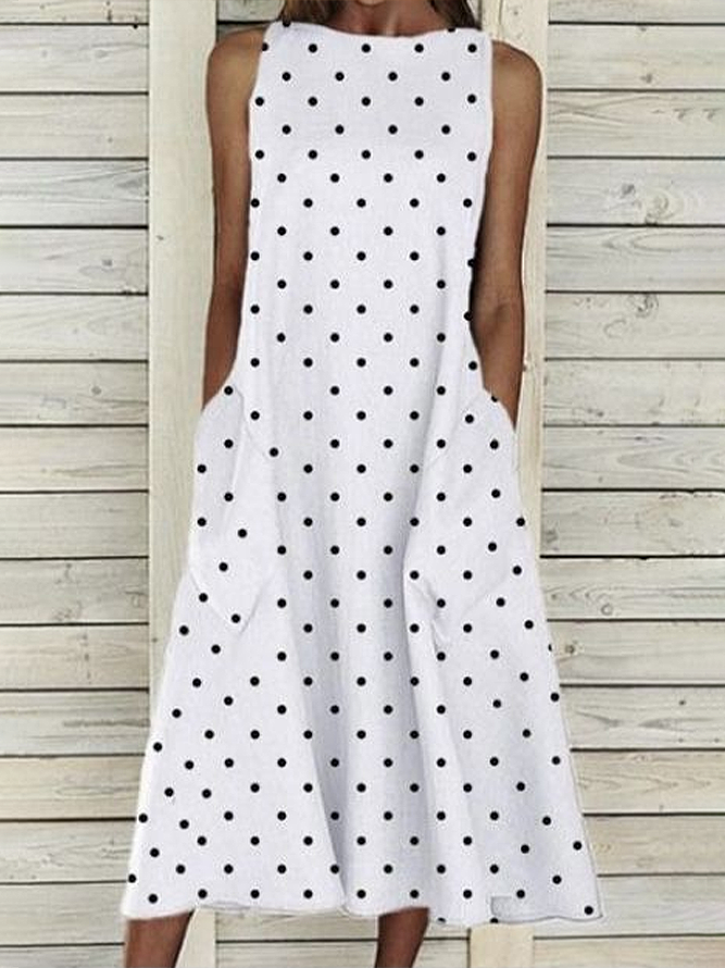 Women Polka Dots Casual Summer Printing Micro-Elasticity Regular Fit Crew Neck Regular No Dresses