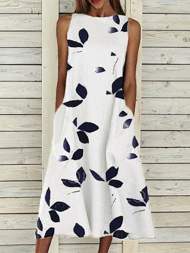 Women Casual Leaf Summer Natural Regular Fit Maxi Sleeveless H-Line No Dresses