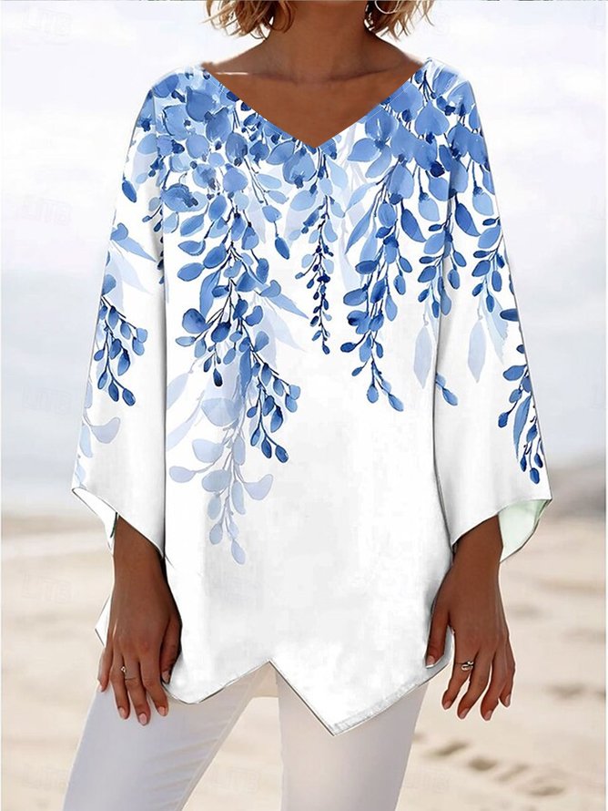 Women Simple Spring/Fall Plants V neck No Elasticity Daily Loose Long Sleeve Regular Blouses