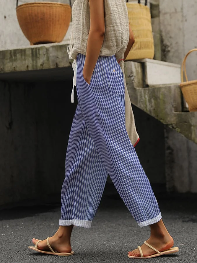 Striped Casual Spring/Fall Natural No Elasticity Daily Loose Long Baggy Pants Pants for Women