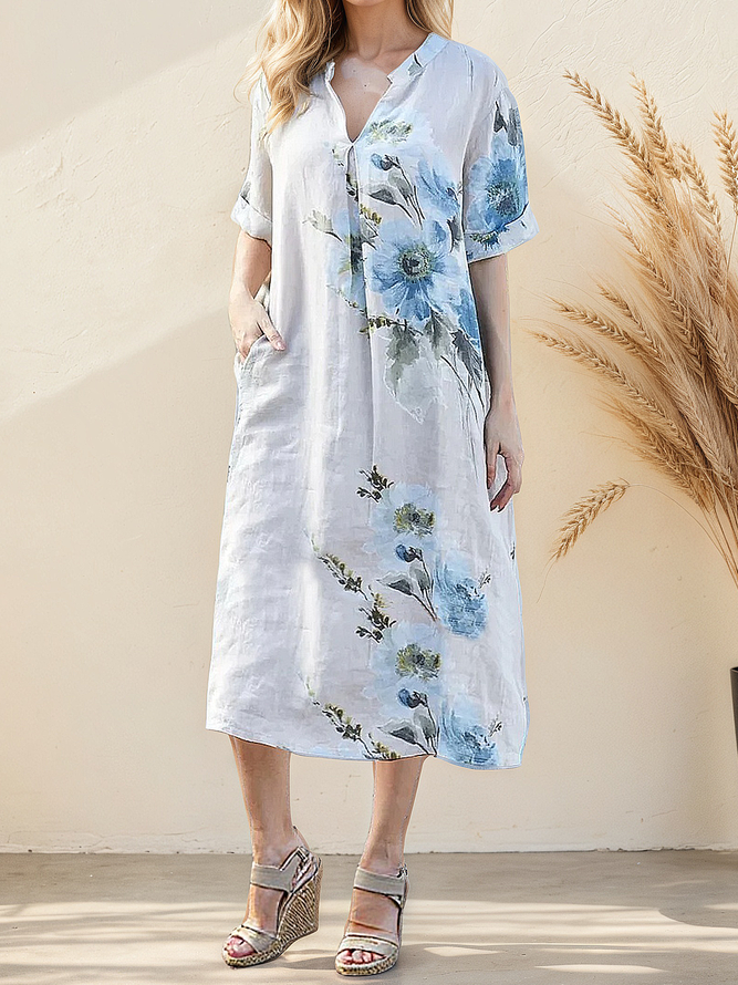Women Casual Floral Summer Stand Collar No Elasticity Midi H-Line Vacation Pocket Stitching Dresses
