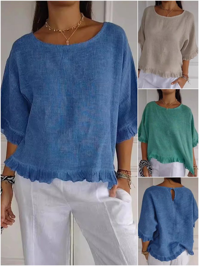 Women Simple Plain Spring/Fall Cotton No Elasticity Loose Three Quarter Sleeve Regular A-Line T-shirts