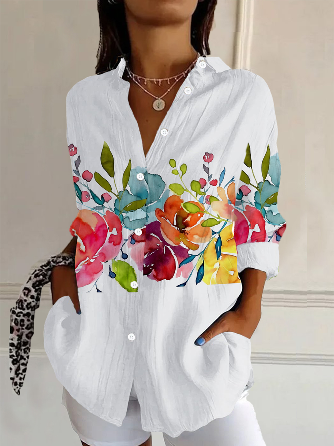 Casual Floral Spring/Fall Daily Loose Regular Buckle Regular Shirt Collar Shirts for Women