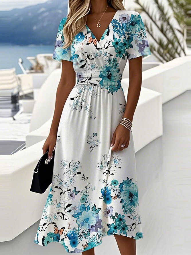 Casual Floral Summer Polyester High Waist Regular Fit Maxi Short Sleeve Beach Dress Dresses for Women