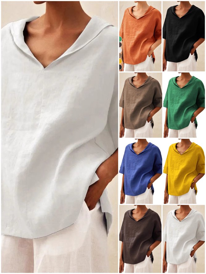Women Casual Plain Summer Polyester V neck Micro-Elasticity Loose Regular H-Line Blouses