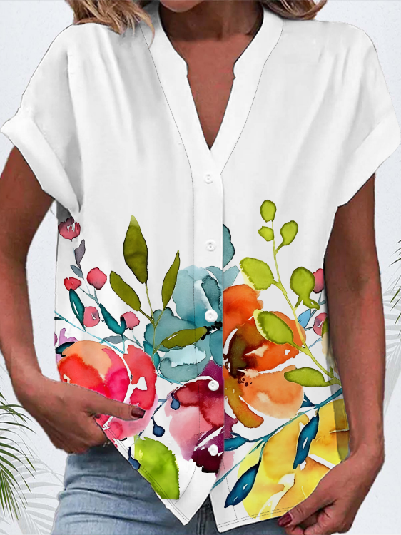 Casual Floral Summer V neck Daily Regular Fit Short Sleeve Regular H-Line Shirts for Women