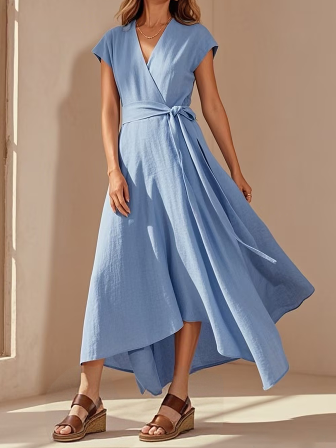 Women Plain Summer Urban Linen V neck Belt Lightweight Maxi Vacation Dresses