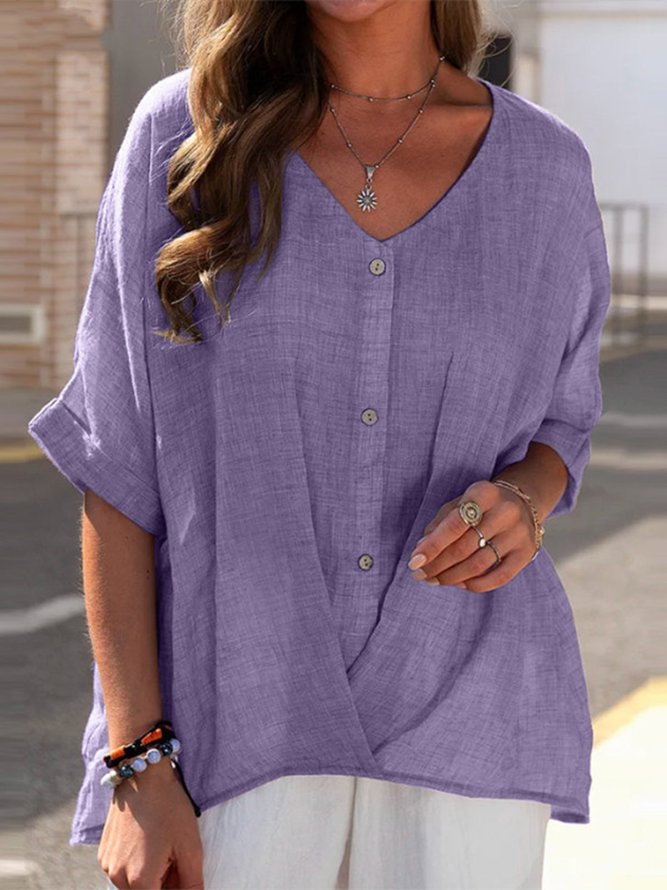 Casual Plain Summer Polyester Lightweight No Elasticity Daily Half Sleeve H-Line Blouses for Women
