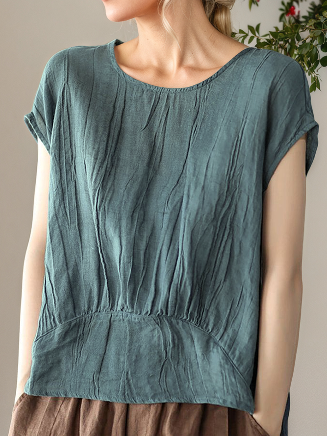 Casual Plain Summer Lightweight No Elasticity Daily Loose Short Sleeve H-Line Blouses for Women