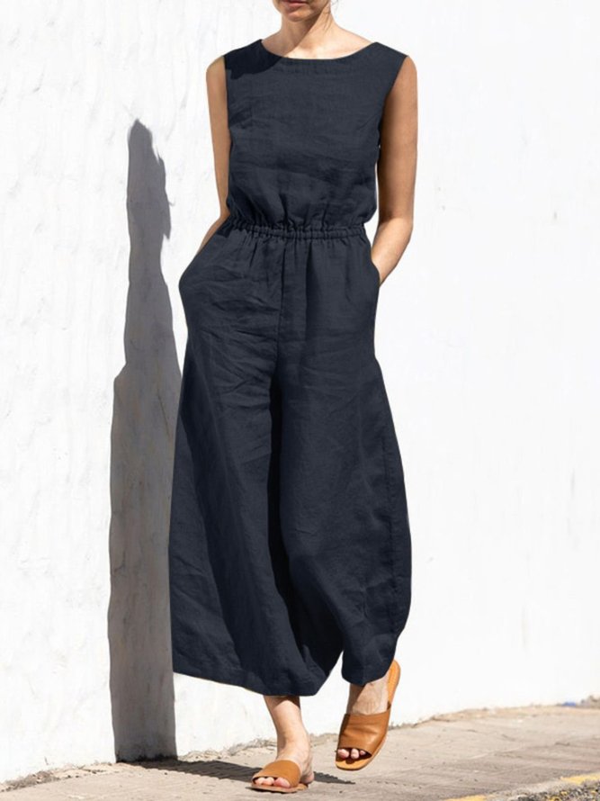 Casual Plain Summer Cotton Natural Micro-Elasticity Sports & Outdoor Sleeveless H-Line Jumpsuits for Women