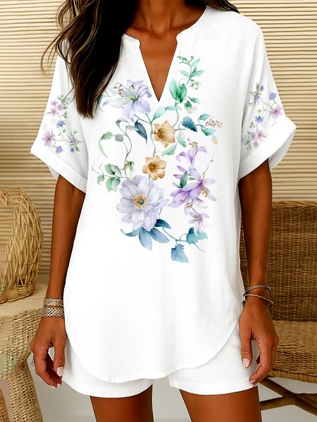 Women Casual Floral Summer Polyester V neck Daily Short Sleeve A-Line Regular Shirts