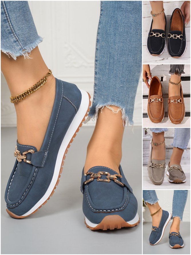 Women Urban Plain All Season Low Heel Round Toe PU Rubber Slip On Loafers Loafers