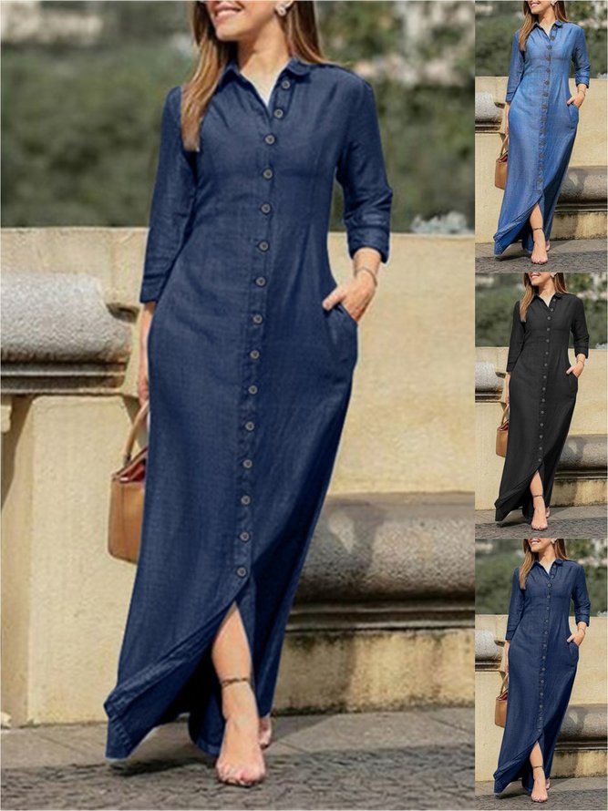 Casual Plain Spring/Fall Denim Natural Daily Regular Fit Maxi Long Sleeve Dresses for Women Casual Plain Spring/Fall Denim Natural Daily Regular Fit Maxi Long Sleeve Dresses for Women