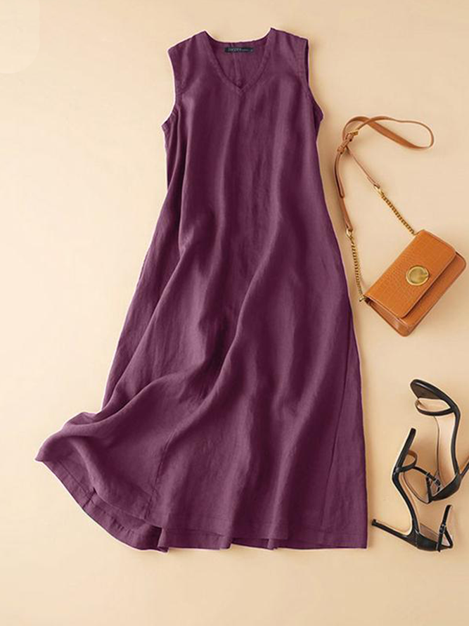 Women Casual Plain Summer V neck Daily Midi Sleeveless Regular Medium Elasticity Dresses