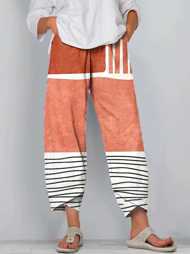 Striped Casual Summer Printing Natural Daily Capris O-Line Regular Pants for Women