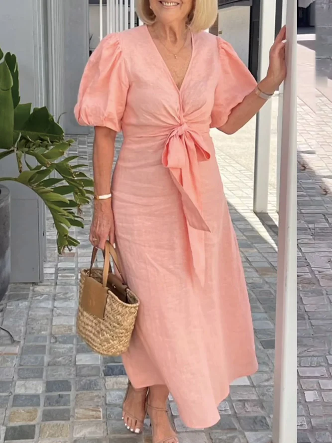 Women Casual Plain Summer No Elasticity Lace-up Regular Fit Mid Waist Pullover X-Line Dresses