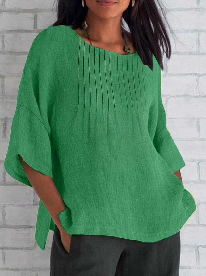 Casual Plain Spring/Fall Polyester Lightweight No Elasticity Daily Loose Crew Neck Blouses for Women
