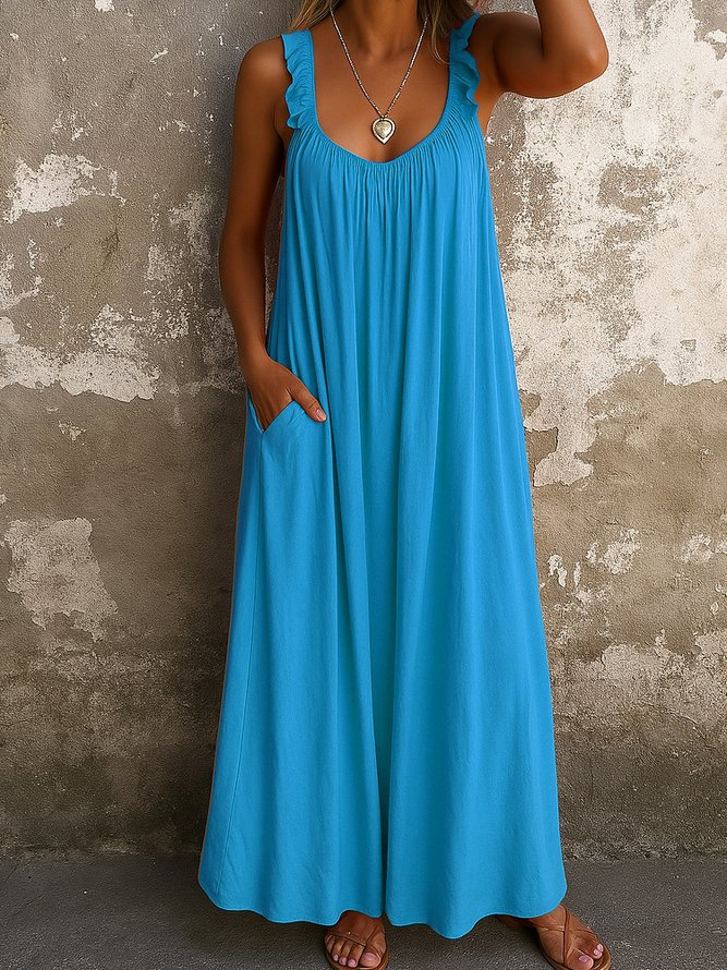 Casual Plain Summer Spaghetti Natural Maxi Sleeveless Regular No Dresses for Women