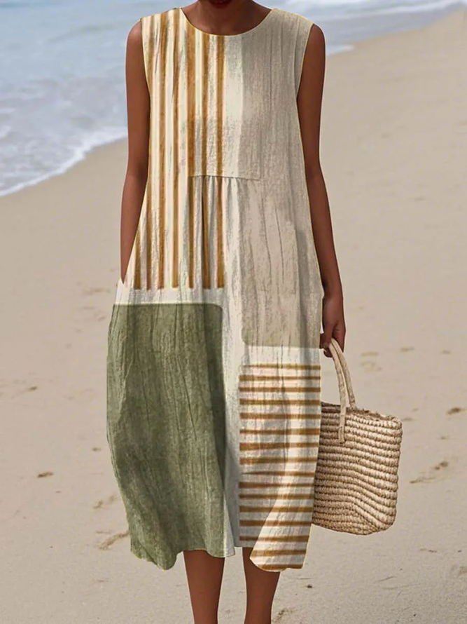 Women Striped Casual Summer Polyester Micro-Elasticity Daily Crew Neck A-Line Regular Dresses