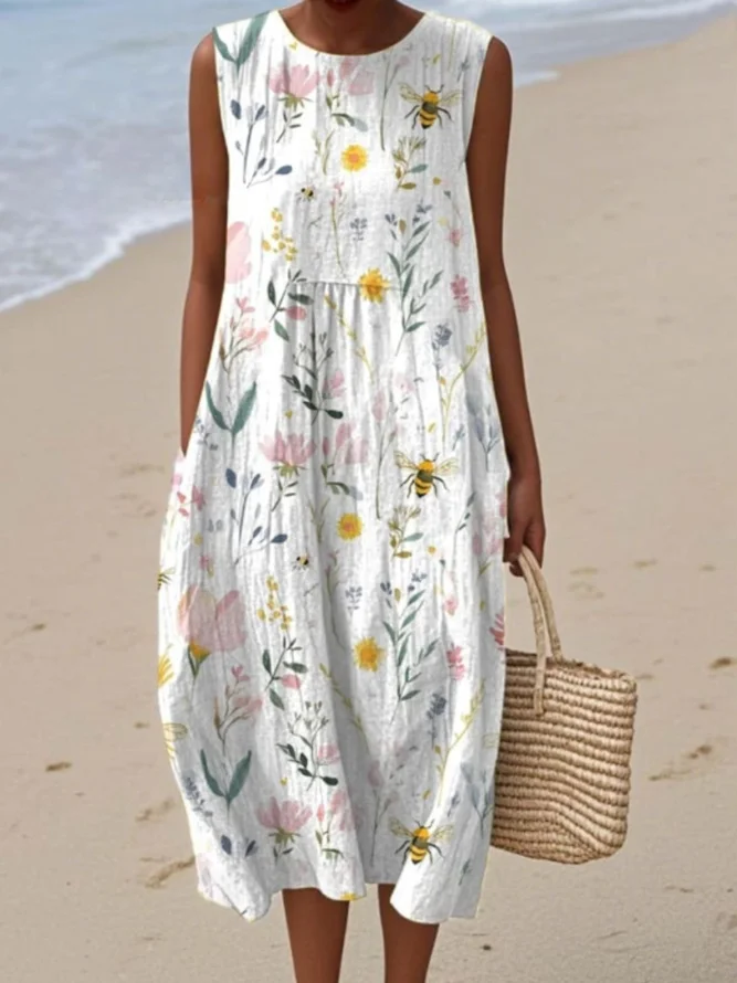 Women Simple Plants Summer Natural Vacation Sleeveless A-Line Regular No Dresses