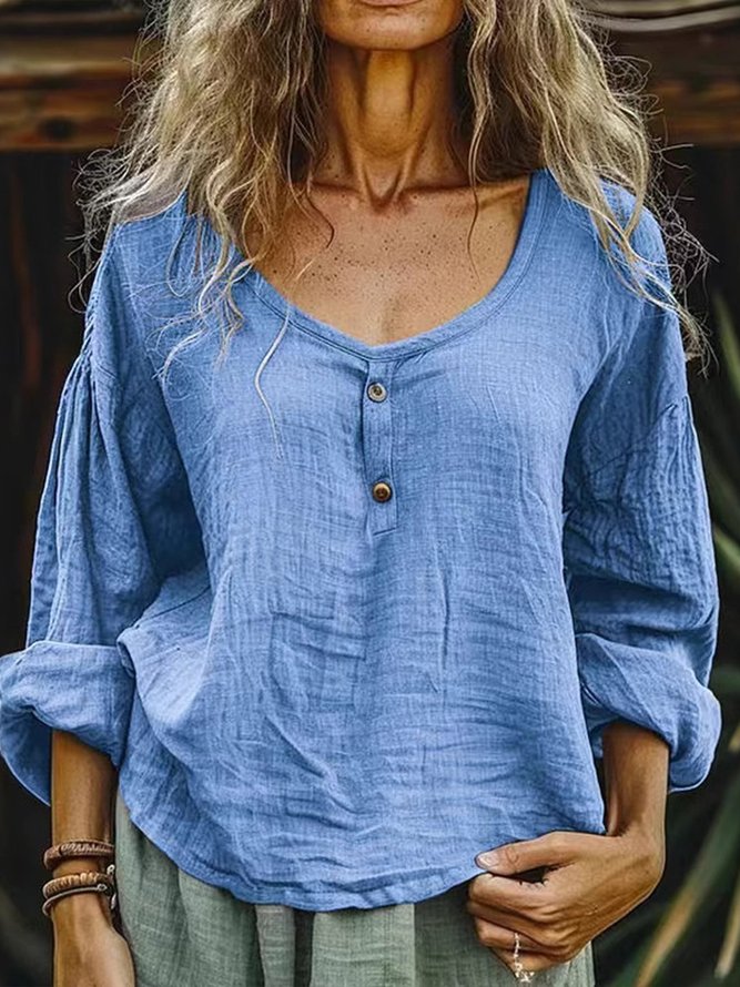 Women Casual Plain Spring/Fall No Elasticity Pullover Long Sleeve Crew Neck Regular H-Line Blouses