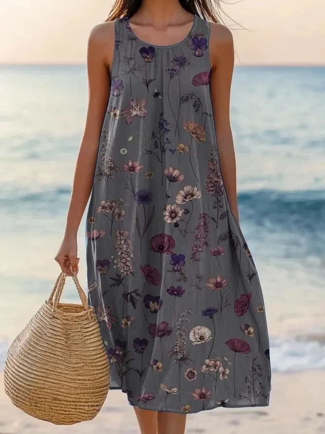 Women Casual Floral Summer Micro-Elasticity Household Sleeveless A-Line Regular No Dresses