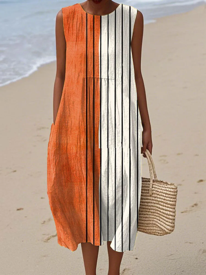 Women Geometric Casual Summer Natural Micro-Elasticity Regular Fit Sleeveless A-Line Regular Dresses