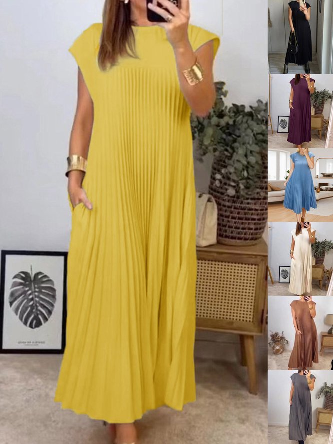 Women Vintage Plain Summer Gathered Breathable Daily Maxi Crew Neck T-Shirt Dress Dresses