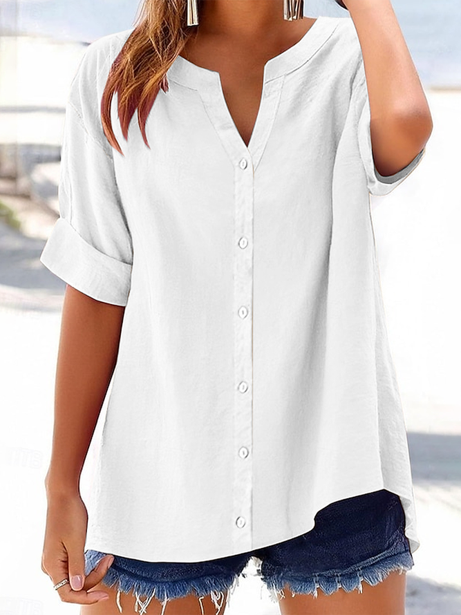 Women Casual Plain Summer Polyester V neck Printing Short Sleeve Regular A-Line Shirts