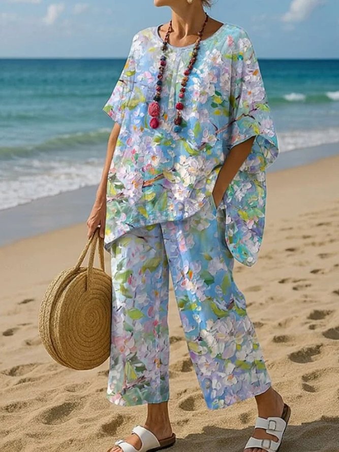 Women Casual Floral Summer Natural Micro-Elasticity Loose Half Sleeve Crew Neck H-Line Two-Piece Sets