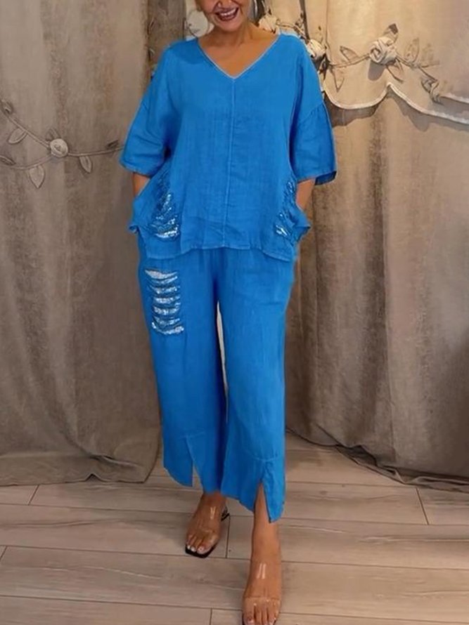 Women Casual Plain Summer Polyester Daily Loose Pullover Half Sleeve H-Line Two-Piece Sets