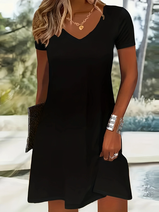 Casual Plain Summer V neck Natural Micro-Elasticity Regular Fit Short Sleeve Regular Dresses for Women
