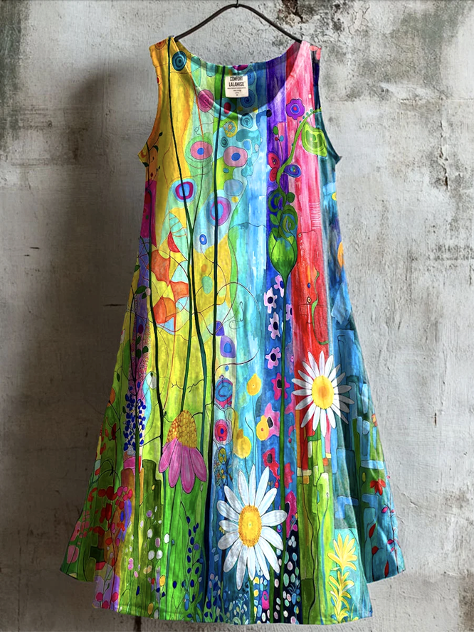Casual Floral Summer Cotton Natural Micro-Elasticity Regular Fit A-Line Regular Dresses for Women