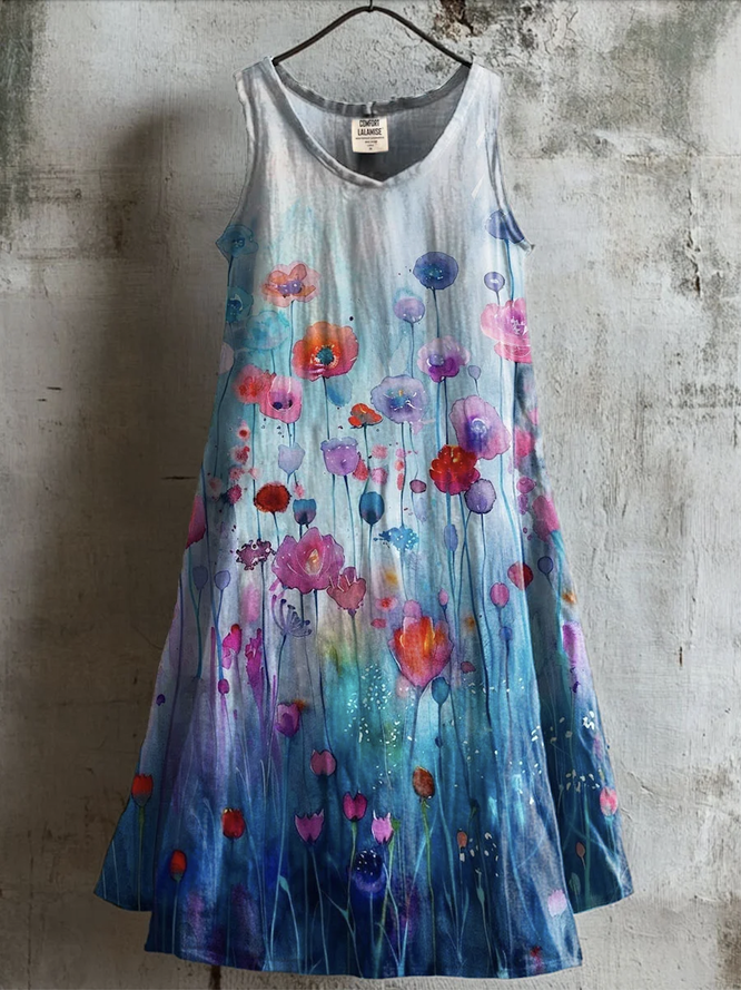 Women Casual Floral Summer Natural Micro-Elasticity Regular Fit Crew Neck A-Line Regular Dresses