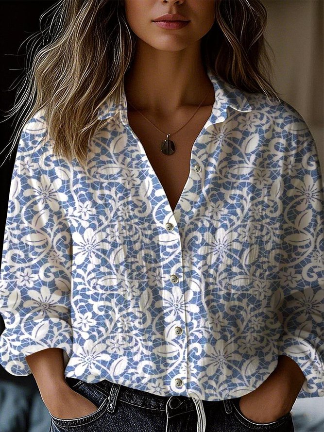 Vintage Floral Spring/Fall Polyester No Elasticity Daily Regular Regular Shirt Collar Shirts for Women