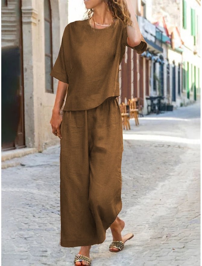 Women Casual Plain Summer Natural Loose Half Sleeve Crew Neck Top With Pants Linen blend Two-Piece Sets