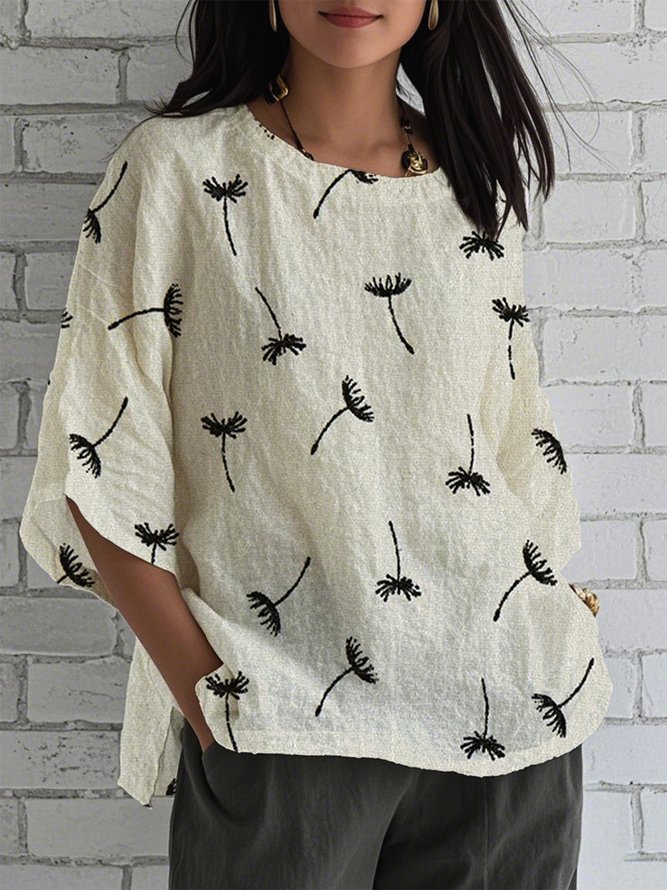 Women Casual Summer Dandelion Lightweight No Elasticity Vacation Loose Crew Neck A-Line Shirts