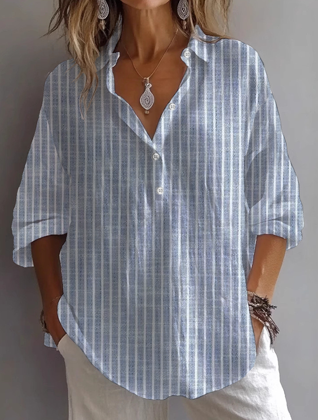 Women Striped Casual Spring/Fall Printing No Elasticity Daily Regular H-Line Shirt Collar Shirts