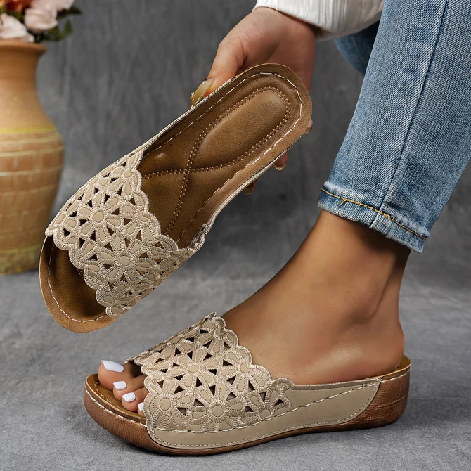 Casual Plain Summer Daily Leather Leather Low Heel Open-Top Slip On Sandals for Women