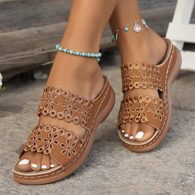 Women Vintage Plain Summer Daily Leather Flat Heel Slide Sandals Slip On Polypropylene Sandals
