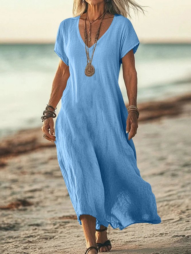 Casual Plain Summer Polyester Lightweight Loose Maxi Short Sleeve No Dresses for Women