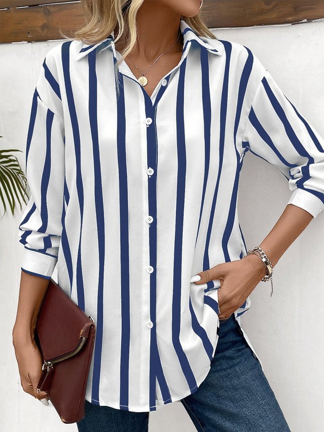 Women Striped Vintage Spring/Fall Polyester No Elasticity H-Line Regular Shirt Collar NL Shirts