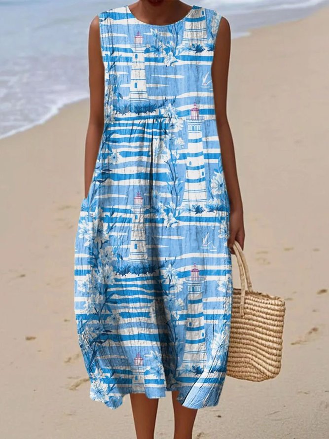 Women Casual Summer Sea Cotton Natural Maxi Crew Neck Regular No Dresses